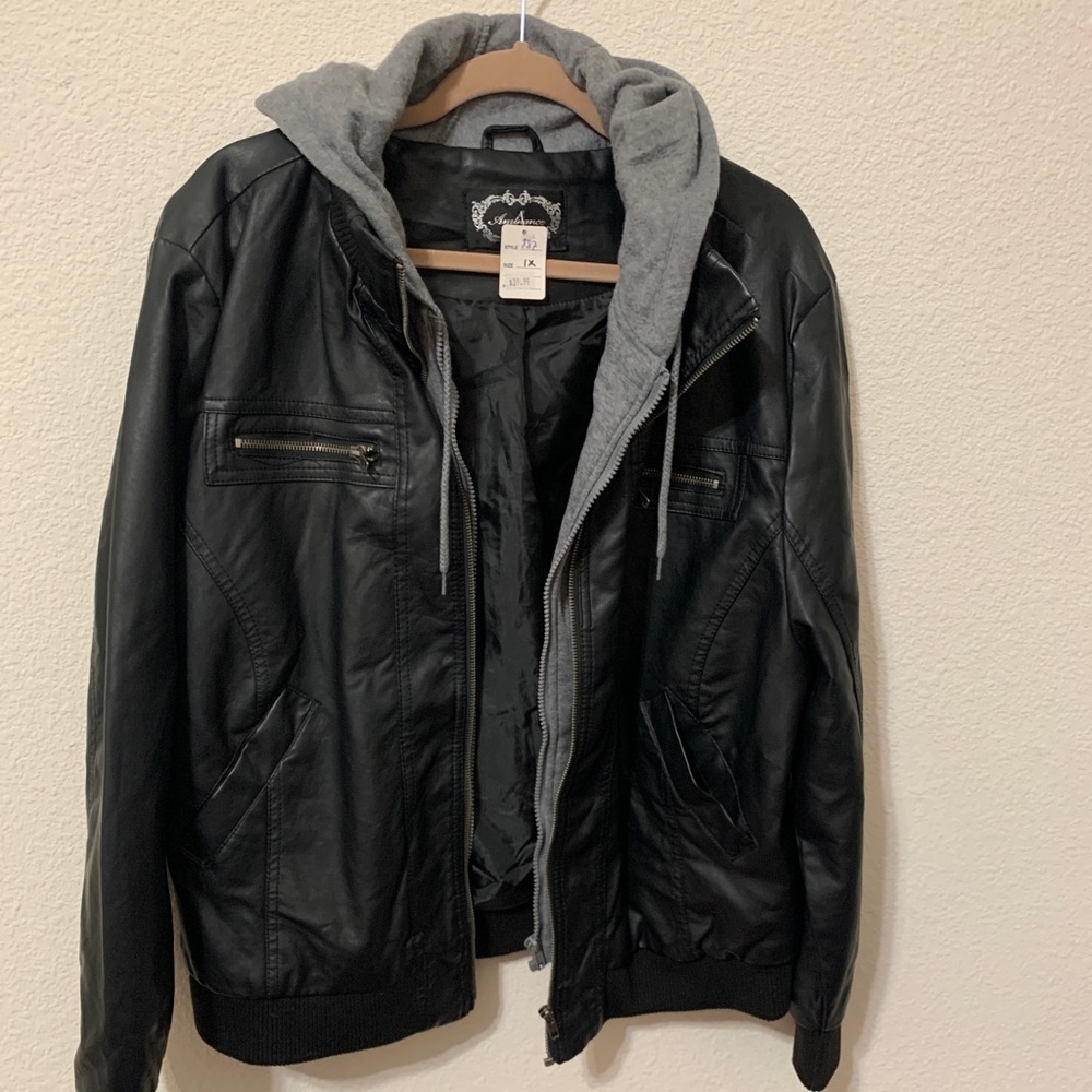 Faux Leather Black Jacket with sweatshirt hood